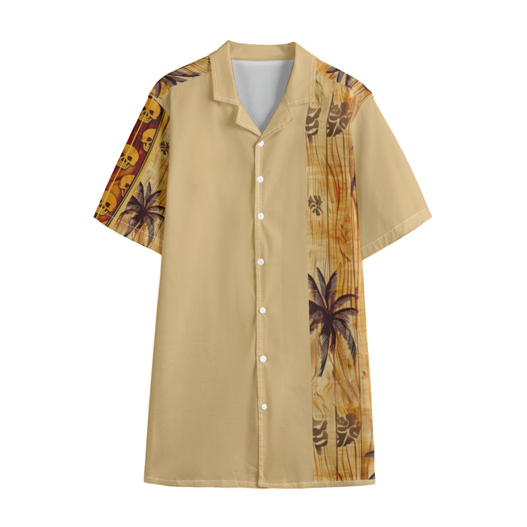 All-Over Print Men's Hawaiian Shirt With Button Closure |115GSM Cotton poplin tan skull/surfboard pr