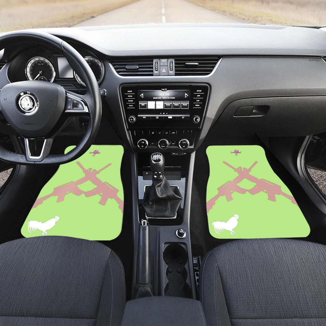 #514 cocknload Mining Car Mats. Lime green with guns and rooster print.