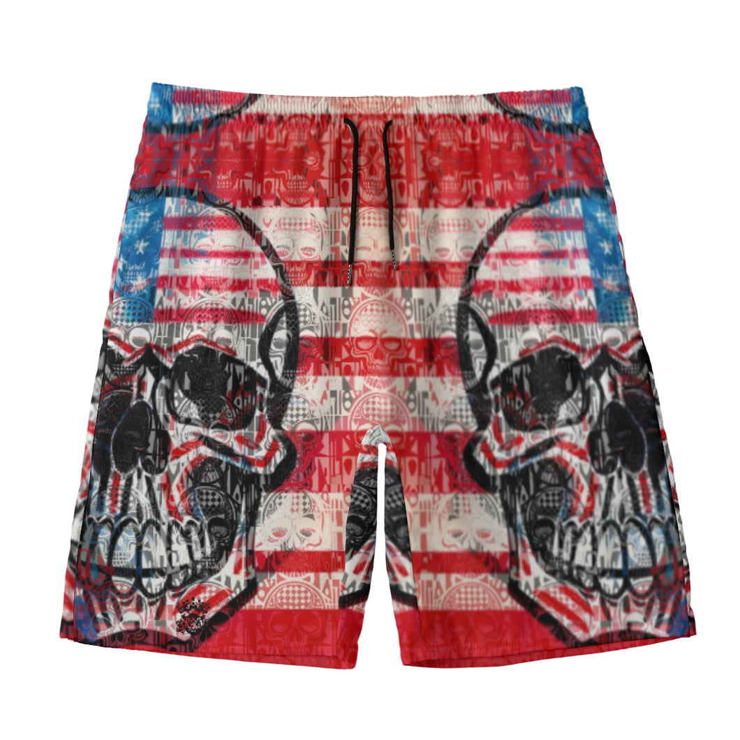 All-Over Print Men‘s Beach Shorts With Lining summer vibes  USA flag and skulls print