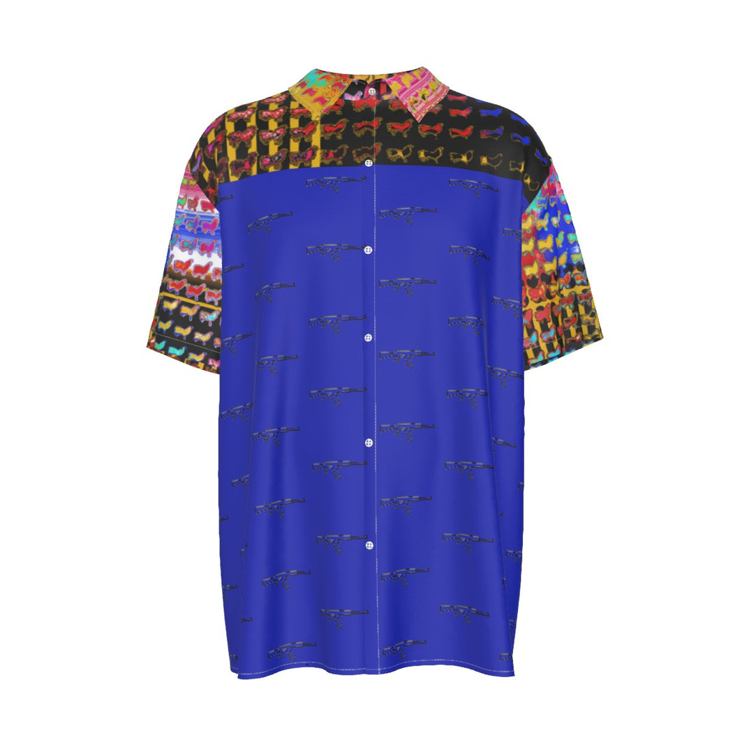 #67 Men's Imitation Silk Short-Sleeved Shirt blue w rooster pattern