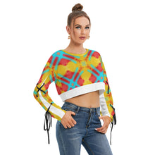 Load image into Gallery viewer, #300  Women&#39;s Long Sleeve Cropped Sweatshirt With Lace up in teal, yellow,and red abstract
