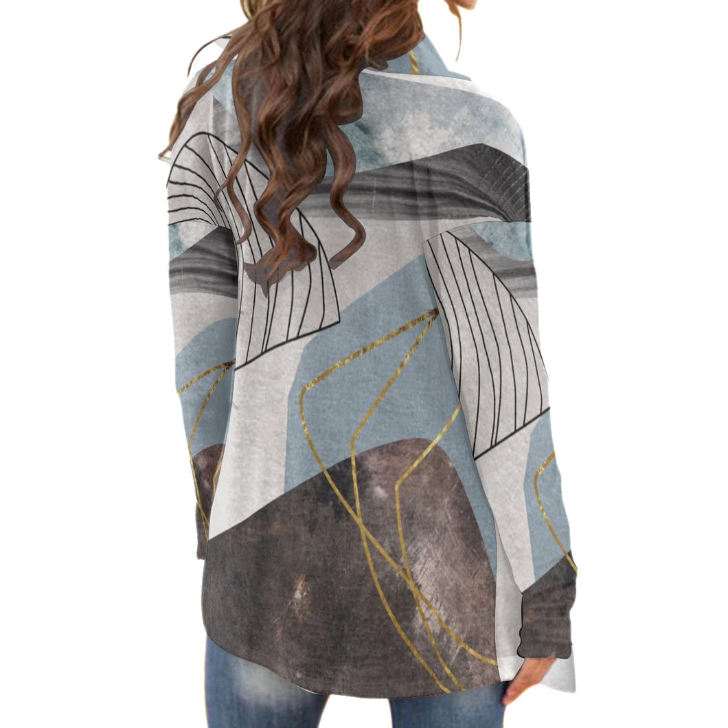 All-Over Print Women's Cardigan With Long Sleeve5 gray blue and black abstract print
