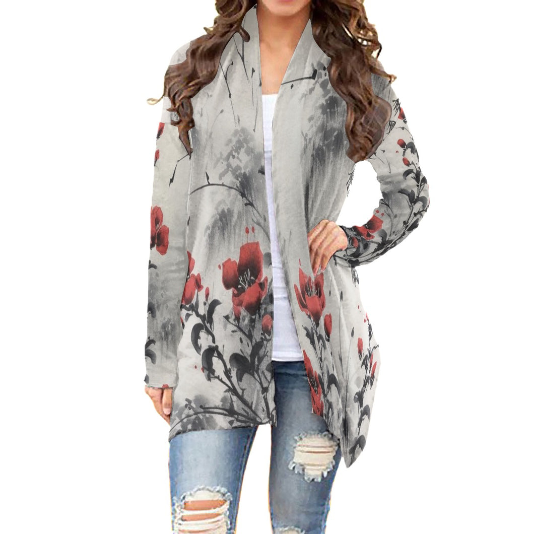 All-Over Print Women's Cardigan With Long Sleeve46 gray with flower print