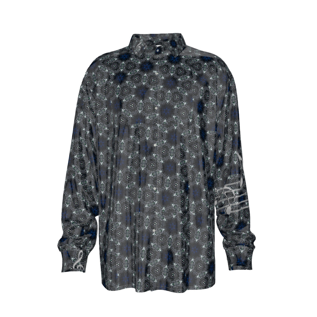 Blu/music Print Men's Imitation Silk Long-Sleeved Shirt