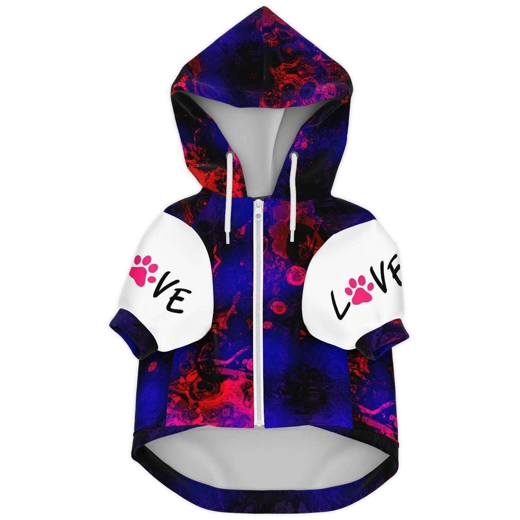 Zip up hoodie, dog apparel, pink, and purple print With love, and paws design