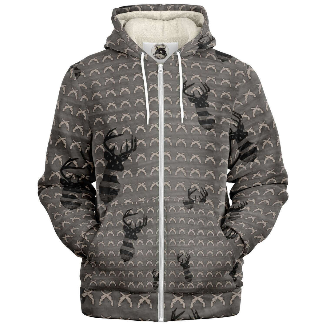 Grey Deer/guns themed, print micro fleece, zip up hoodie