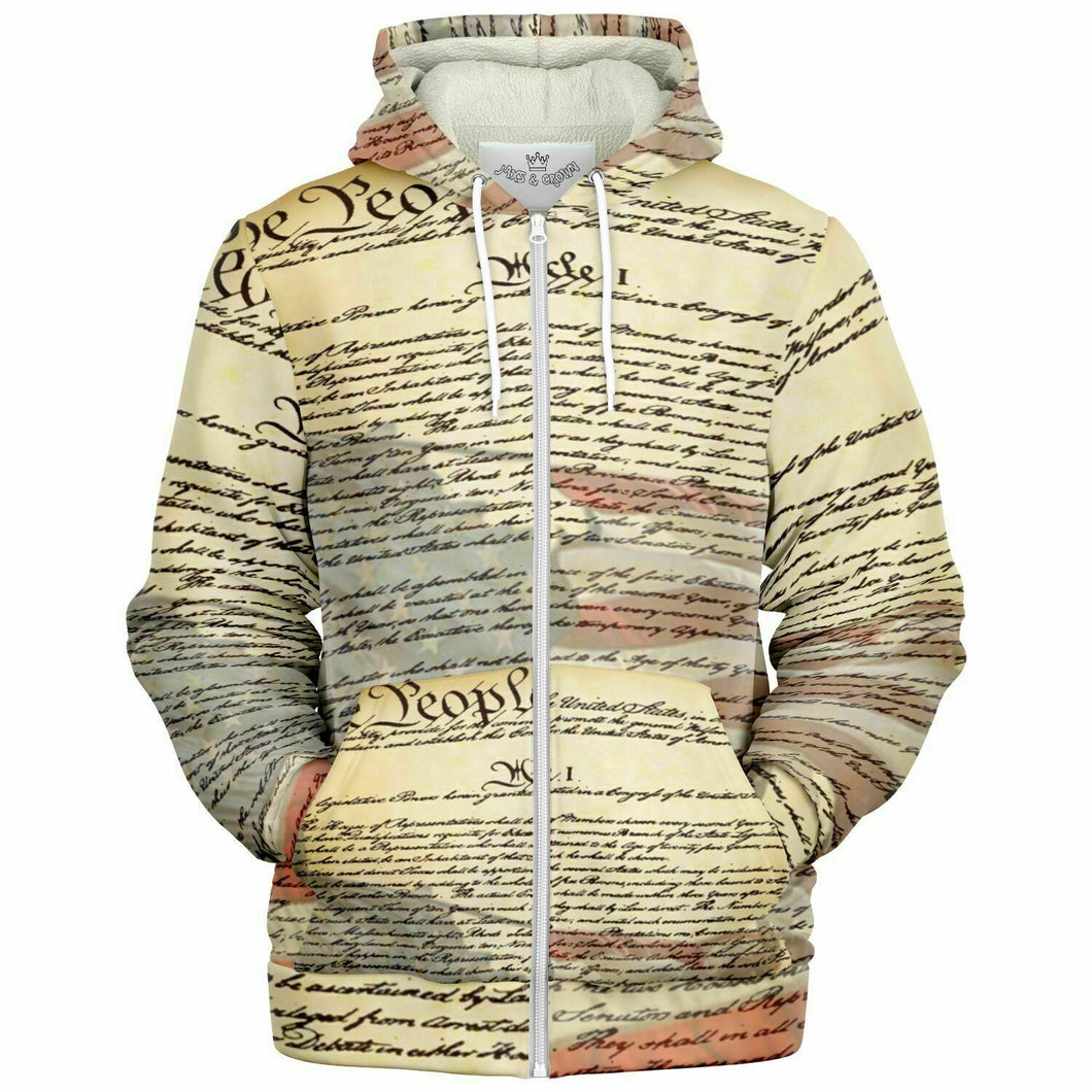 USA Constitutional themed print microfleece zip up hoodie