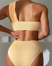 Load image into Gallery viewer, Solid Color One Shoulder Tube Top Split Swimsuit High Waist Three Point Bikini Swimsuit
