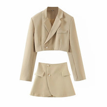 Load image into Gallery viewer, New fashionable casual diagonal button short blazer + high waist pocket skirt suit
