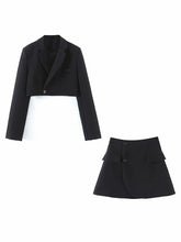 Load image into Gallery viewer, New fashionable casual diagonal button short blazer + high waist pocket skirt suit
