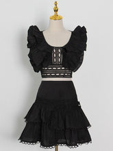 Load image into Gallery viewer, Hollow top + high-waisted cake splicing skirt two-piece set
