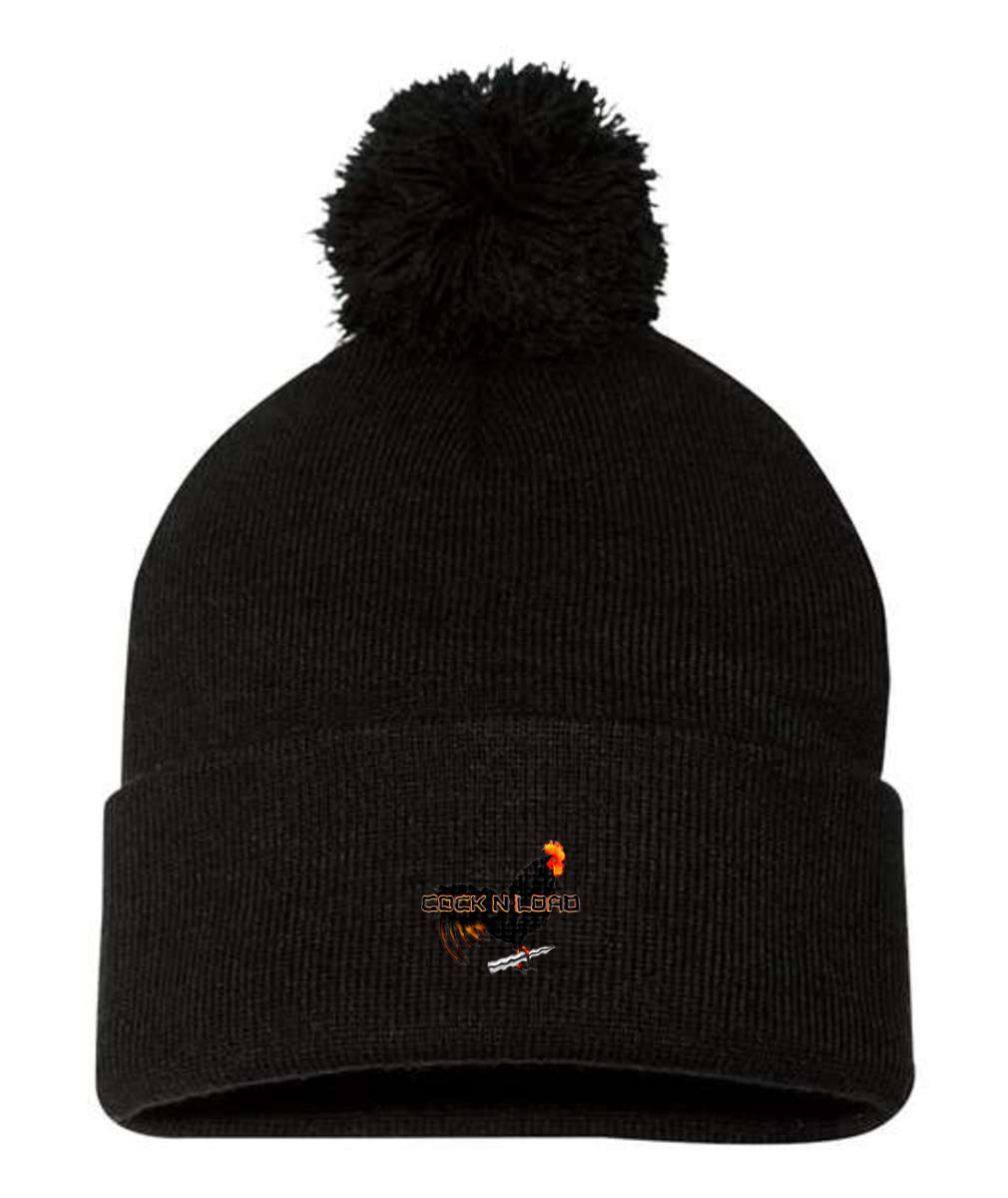 Cock n load 2 Embroidered Pom Pom 12 Knit Beanie